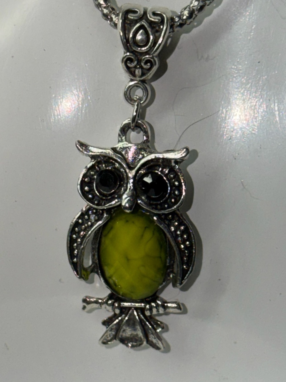 Silver-Tone Owl Pendant Necklace with Green Center